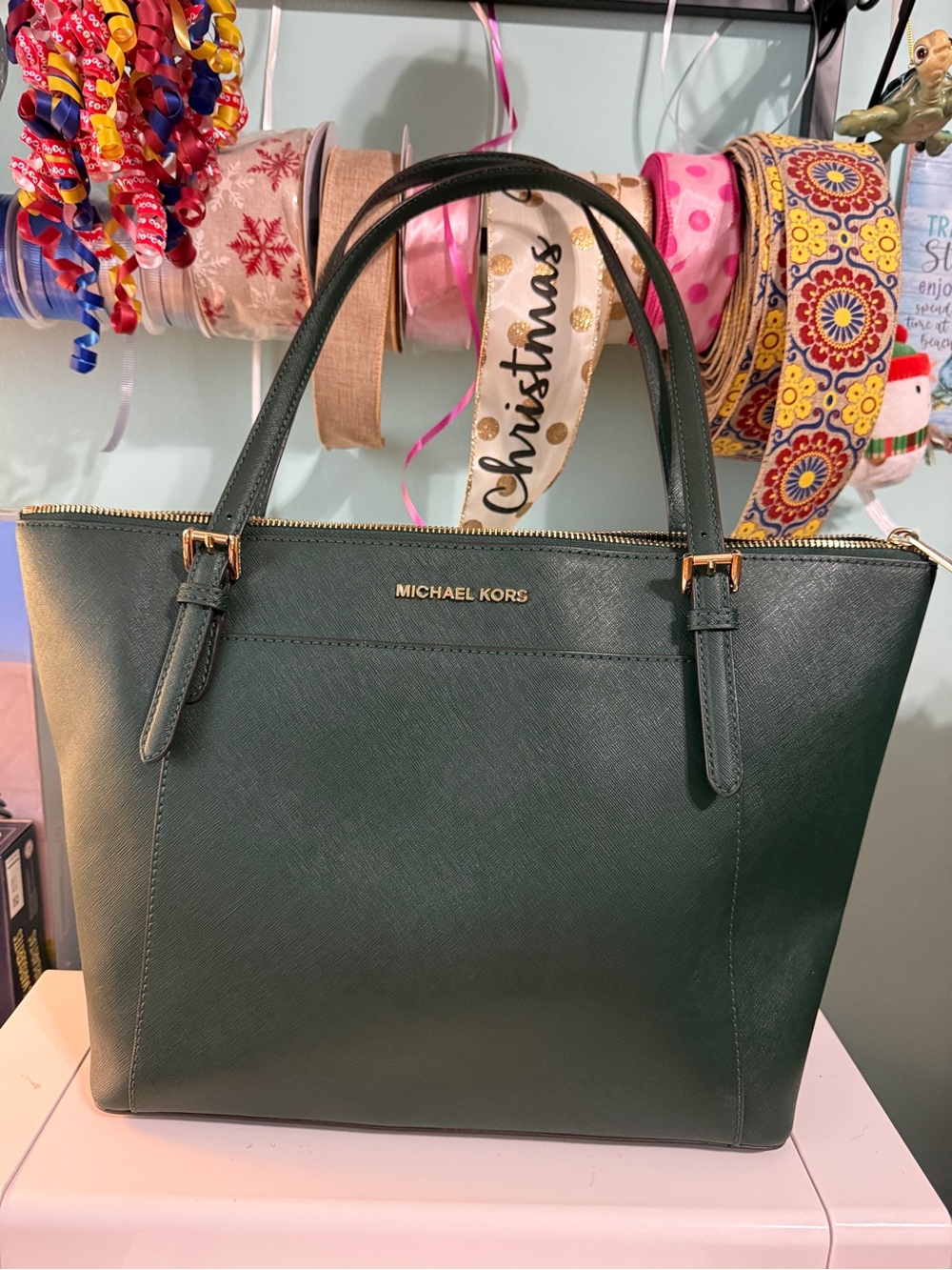 Michael Kors Dark Green Saffiano Leather Tote with Gold Hardware
